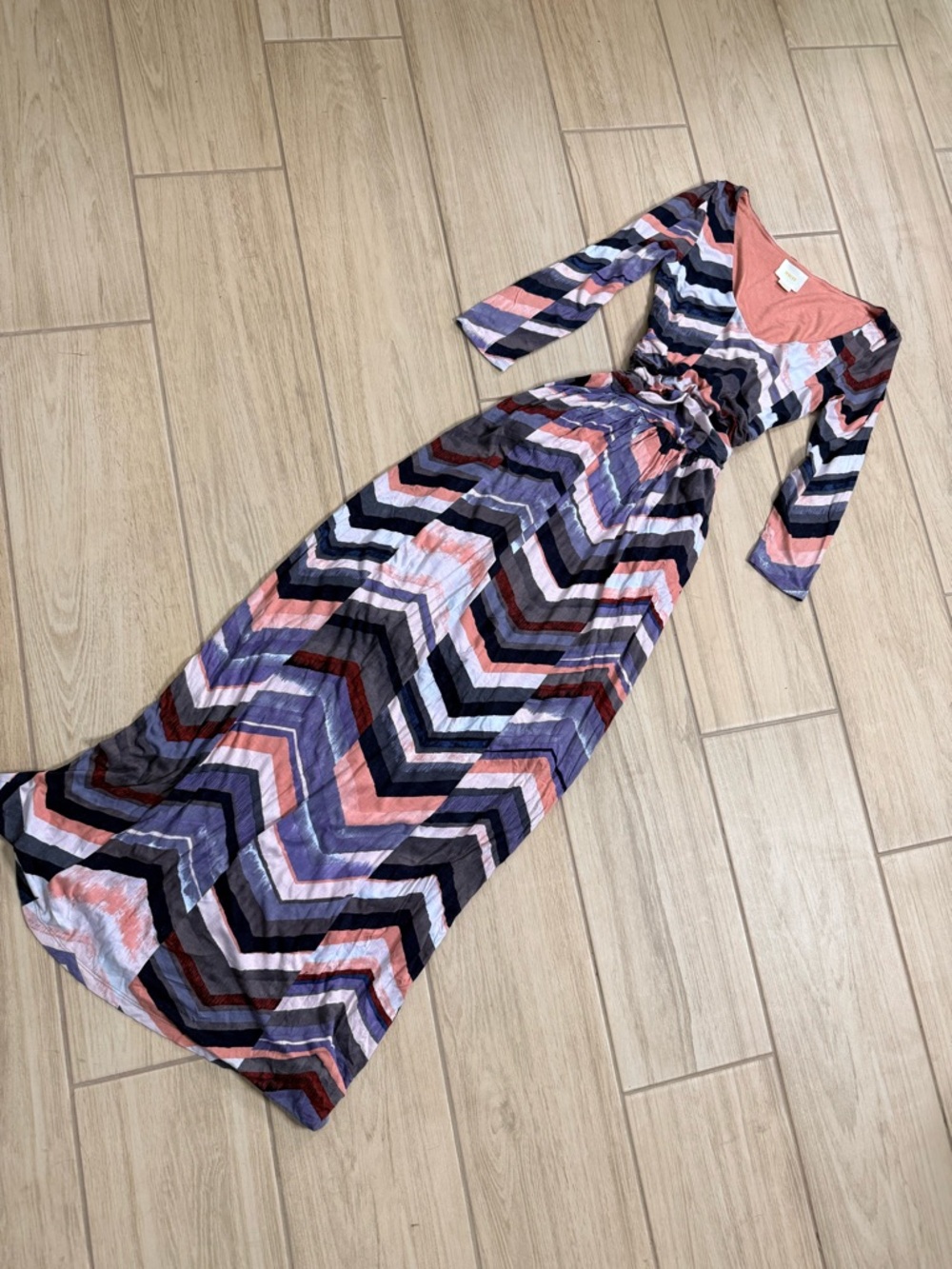 Anthropologie Maeve Chevron Maxi Dress XS Boho V Neck Pockets Stretch Fit S